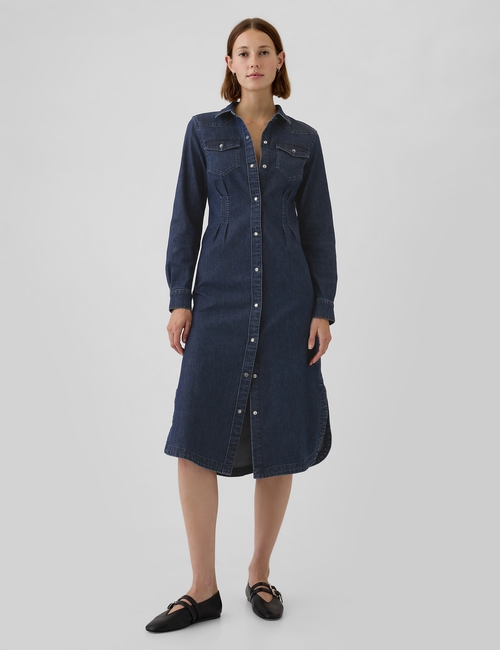 Western Pleated Denim Midi Dress