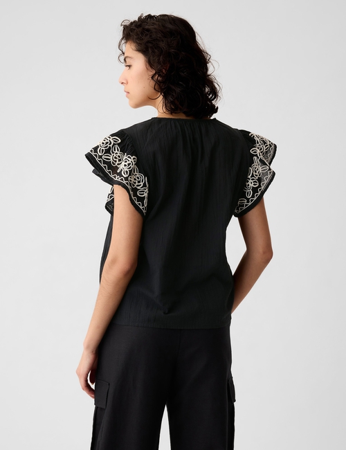 Crinkle Gauze Embroidered Cropped Shirt