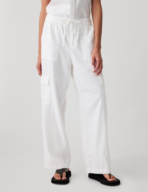 Linen-Blend Wide-Leg Cargo Pull-On Pants