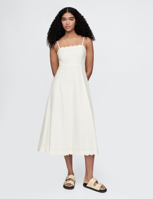 Linen-Blend Scalloped Midi Dress