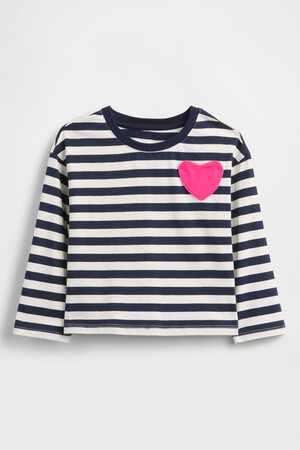 LS STRIPE HEART PKT TEE
