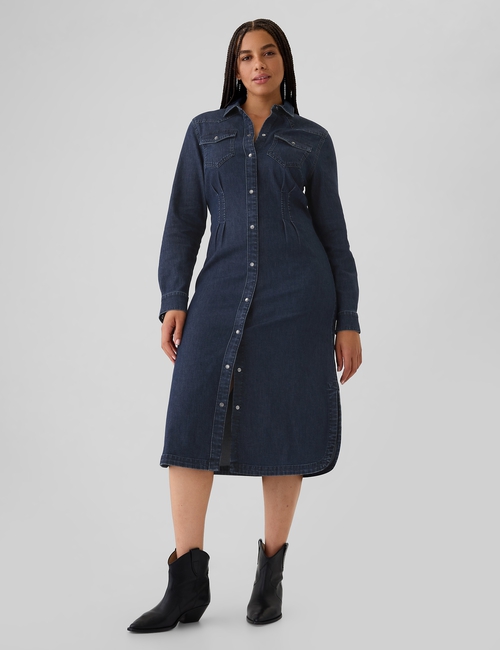 Western Pleated Denim Midi Dress