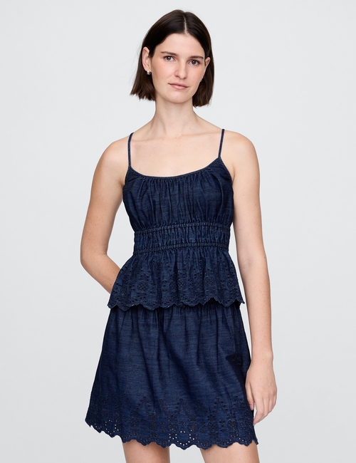 Smocked Eyelet Denim Cami