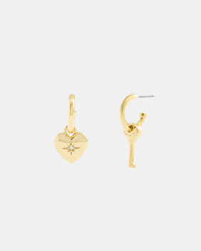 Signature Heart & Key Charm Huggie Earrings