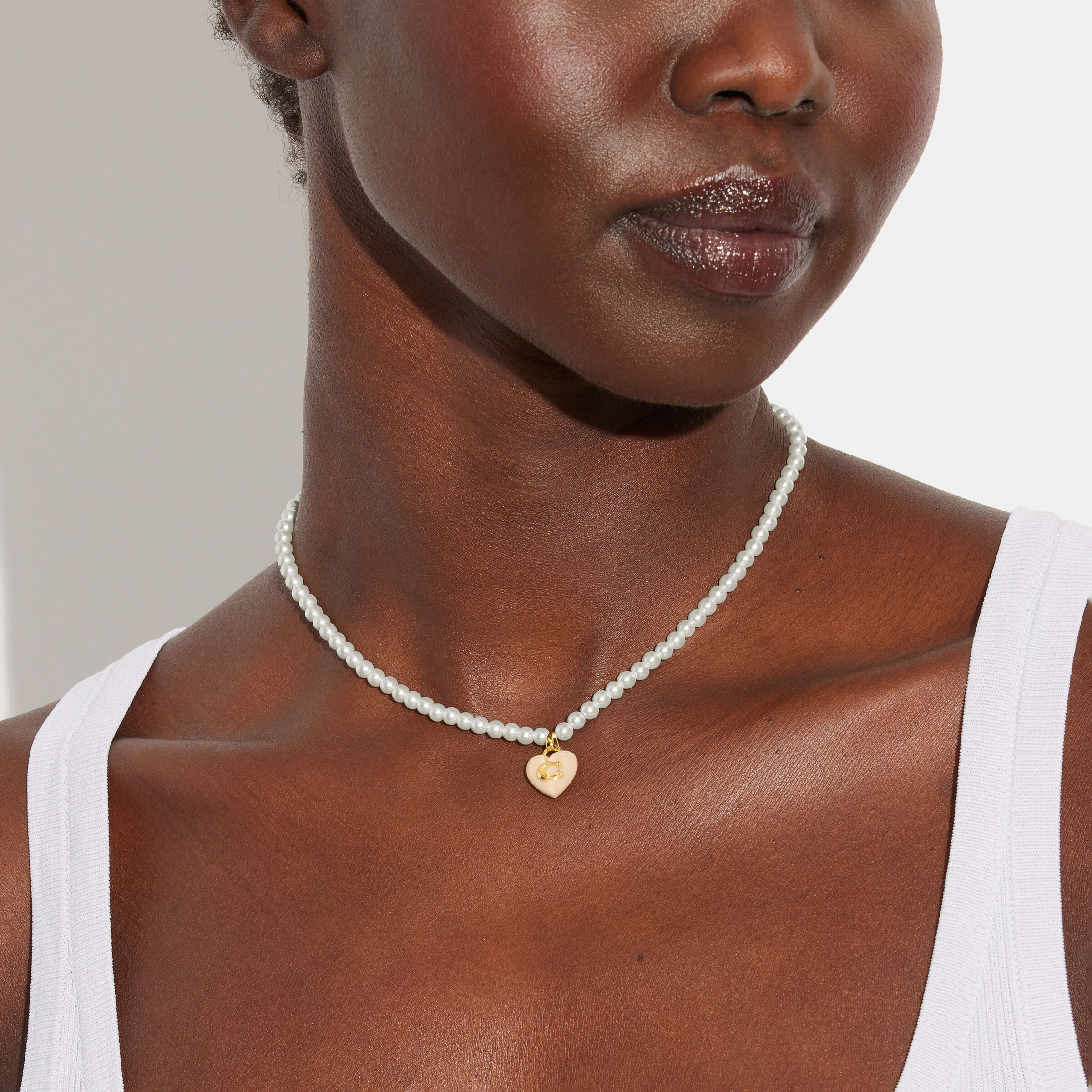 Buy COACH Signature Heart Pendant Pearl Choker Necklace