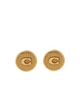 Textured Signature Coin Stud Earrings, Plated Brass, Titanium Post & Cubic Zirconia