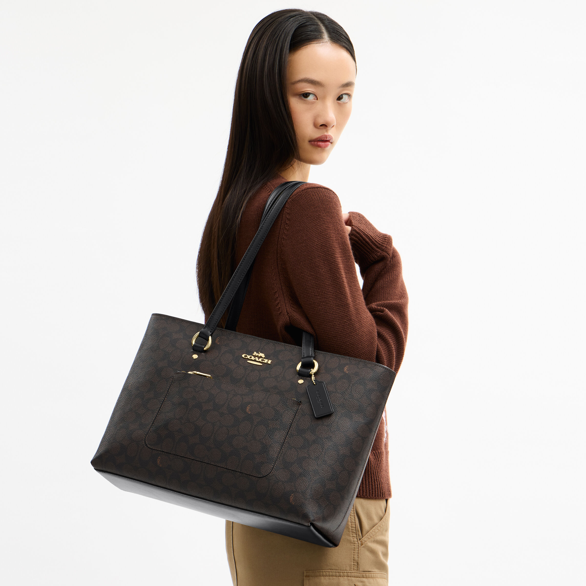Buy COACH Station Tote Bag In Signature Canvas DARK BROWN Online