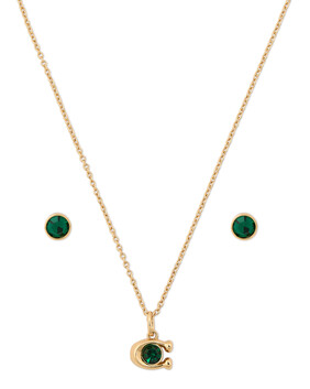 Logo Necklace And Earrings Set, Metal & Crystal