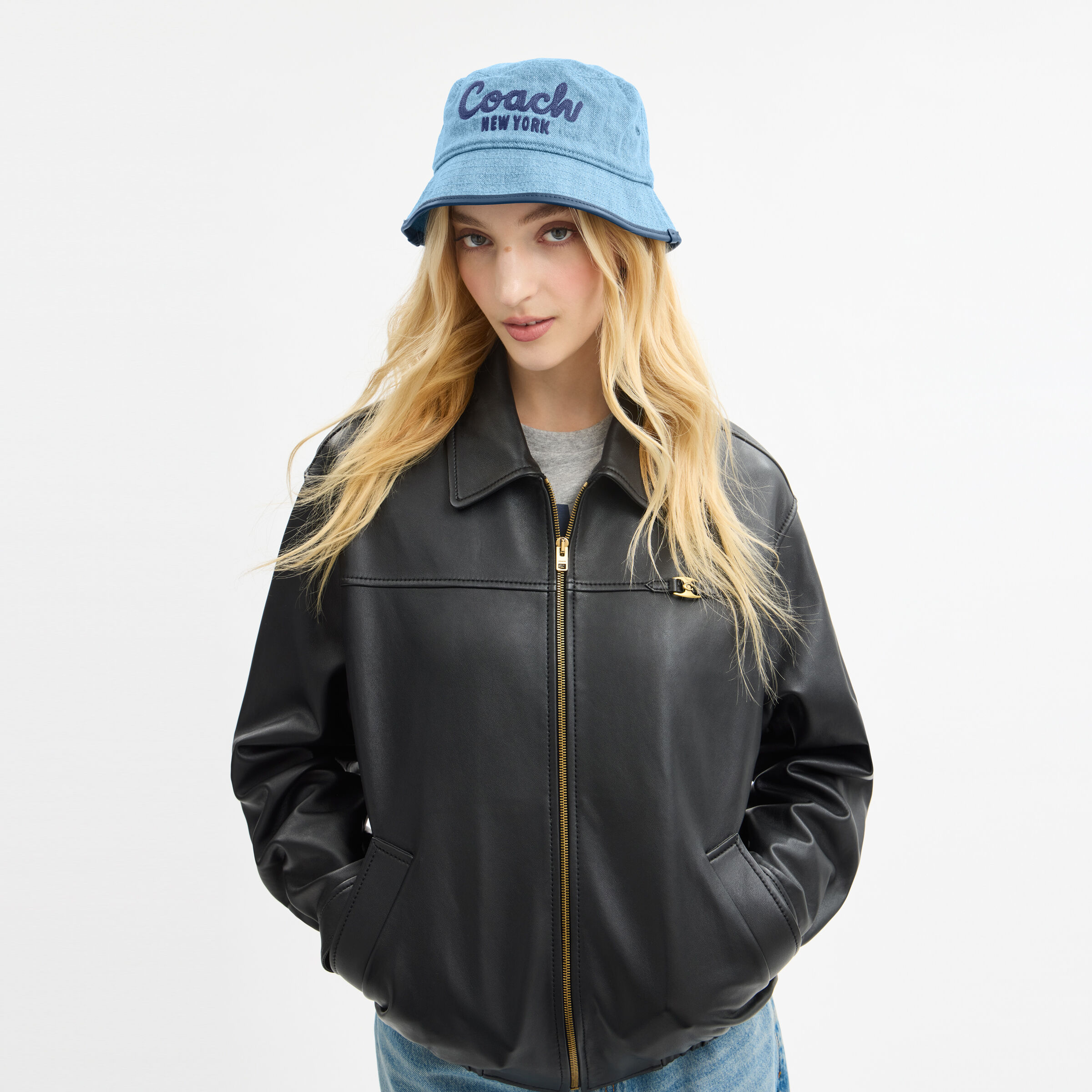 COACH デニムブルーバケットハット XS/S COACH コーチ 帽子 コットン シグネチャー ロゴ バケットハット