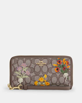 Long Zip Around Wallet In Signature Jacquard With Floral Embroidery
